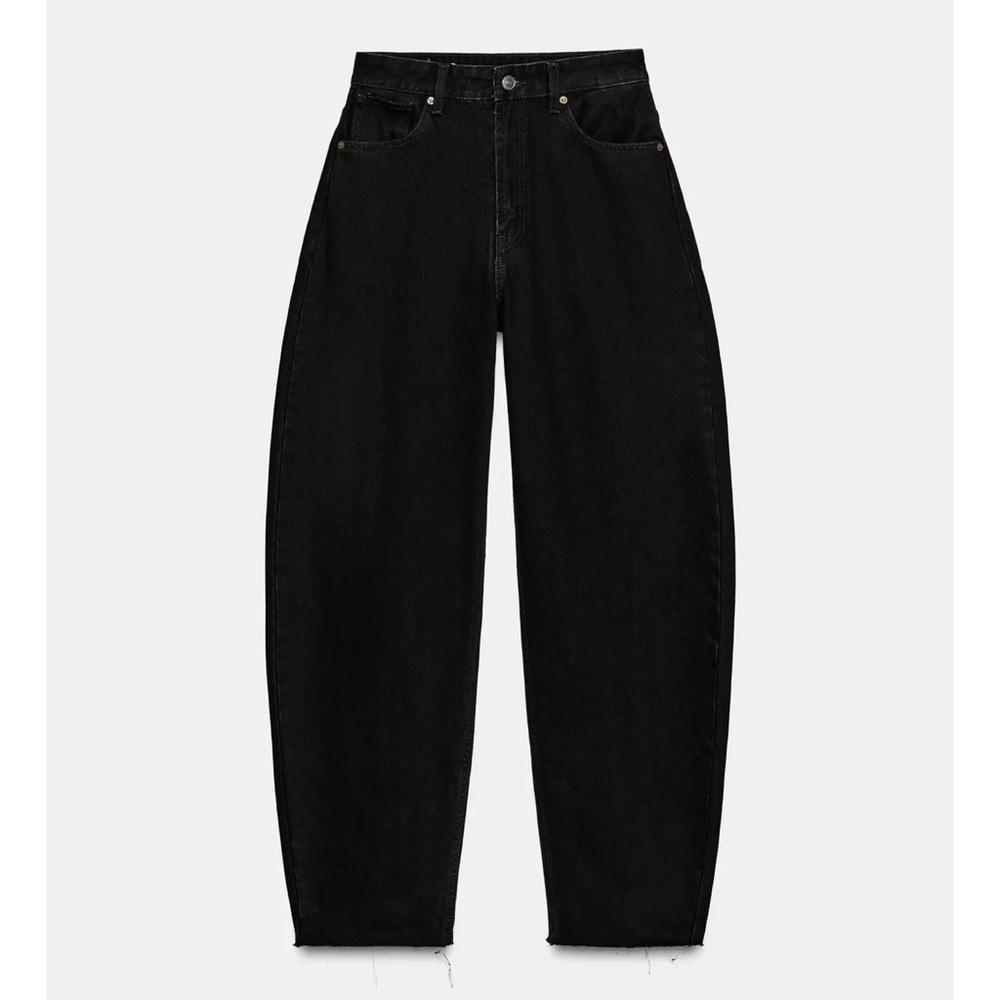 Zara Denim Faded Black Pleated High Rise Balloon Tapered Leg Barrel Ankle Jean